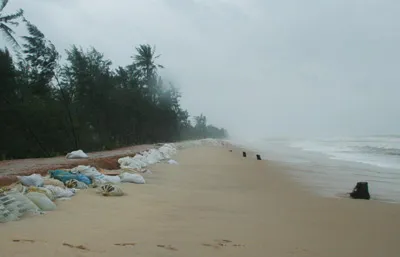 Chính quyền và người dân ven biển Thừa Thiên – Huế đã gia cố bao tải cát và đá tại bờ biển để giữa đất khi sóng dâng cao, biển xâm thực.