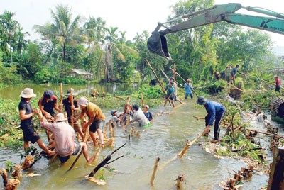 Local authorities and residents deploy cajeput trees and sandbags to fortify the dyke as well as pump out floodwaters from residential areas (Photo: SGGP)