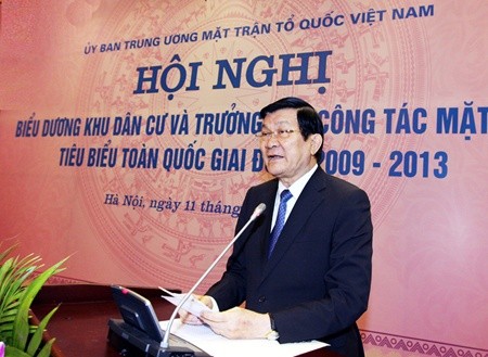 President Truong Tan Sang yesterday attended a conference praising collectives and individuals in Fatherland Front agencies for their work from 2009-13.— VNA/VNS Photo Ngueyen Dan