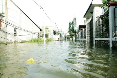 Nhà và đường phố bị ngập sâu trong nước vào đêm 4-12.