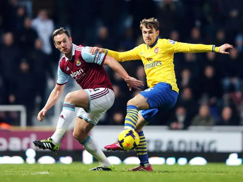 Aaron Ramsey (phải, Arsenal) tranh bóng với Kevin Nolan (West Ham).