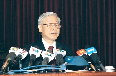 Party General Secretary Nguyen Phu Trong delivers his opening speech at the 9th plenum of the Communist Party of Viet Nam Central Committee in Ha Noi yesterday. — VNA/VNS Photo Tri Dung