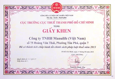 Manulife Việt Nam được tuyên dương thực hiện tốt nghĩa vụ nộp thuế năm 2013