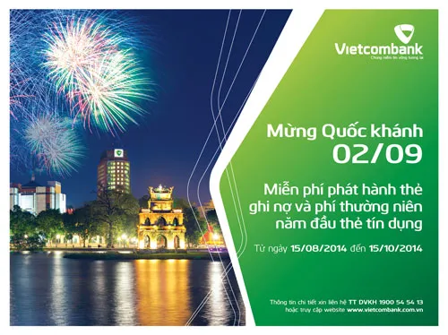 Vietcombank miễn phí phát hành thẻ ghi nợ và phí thường niên năm đầu cho thẻ tín dụng nhân dịp quốc khánh 2/9
