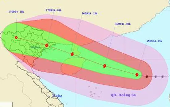 Chiều 16-9, vị trí tâm bão Kalmaegi cách bờ biển Quảng Ninh – Hải Phòng khoảng 260km