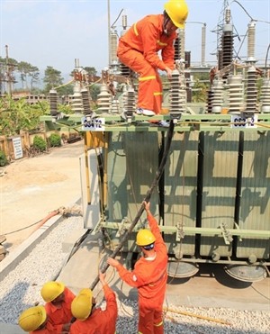Workers at Northern Grid Company's Dien Bien branch install a transformer (Photo: VNA)