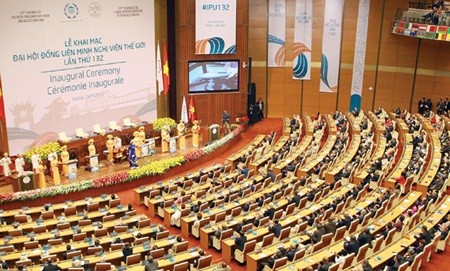 Delegates participate in the inaugural ceremony of the 132nd Inter-Paliamentary Union (IPU-132) in Ha Noi on Saturday. Viet Nam has called upon parliaments to implement sustainable development goals in the next 15 years. — VNA/VNS Photo