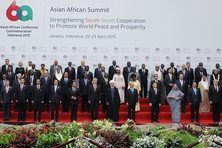 President Truong Tan Sang (fourth from right) poses with heads of delegations to the Asian-African Conference (Photo: VNA/VNS)