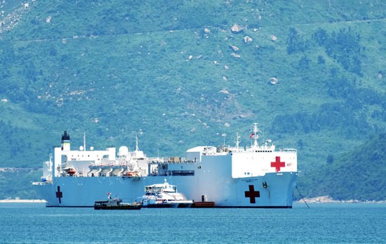 The US naval hospital ship Mercy docks at Tien Sa Port in Da Nang city.