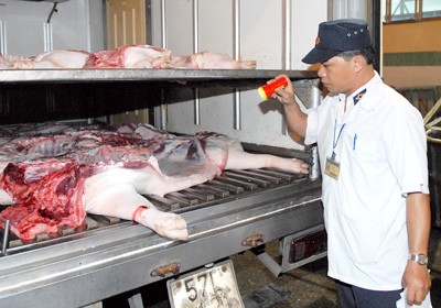 A health inspector checks pork meat(Photo:SGGP)