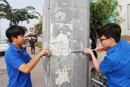 Young people clear leaflets on power posts (Photo : SGGP)
