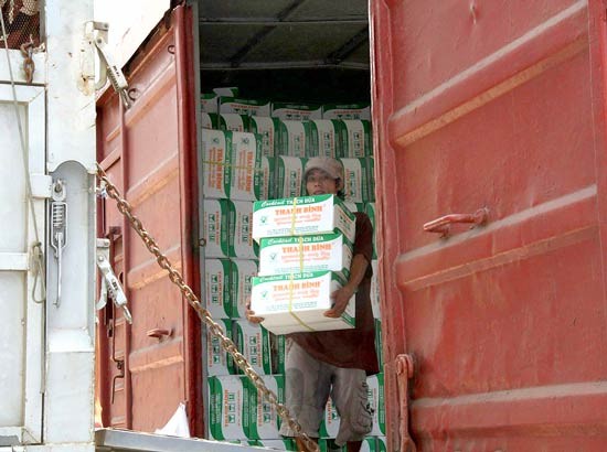 A worker carries cargo boxes from a train to trucks at Song Than station (Photo: SGGP)