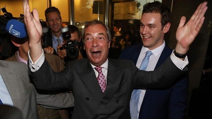 Leader of the United Kingdom Independence Party (UKIP), Nigel Farage reacts to Brexit win. AFP Photo