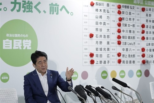 Japanese Prime Minister and the ruling Liberal Democratic Party (LDP) President Shinzo Abe gestures as he speaks during a media interview after putting red rose marks on the names of the party’s victorious candidates in the Upper House election at the LDP headquarters in Tokyo, Japan, on Sunday. — EPA Photo
