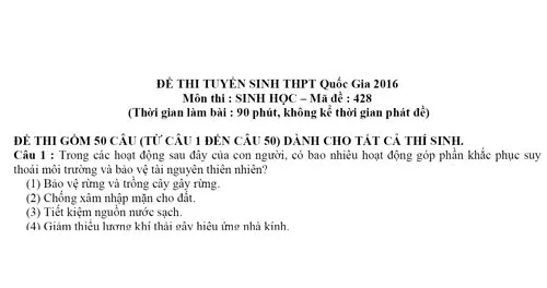 Gợi ý bài giải và nhận xét môn Sinh THPT Quốc gia 2016