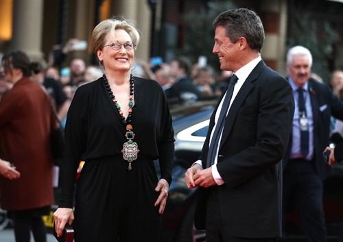 This file photo taken on April 12, 2016 shows US actress Meryl Streep (L) and British actor Hugh Grant as they arrive for the premiere of Florence Foster Jenkins in London.—AFP/VNA Photo