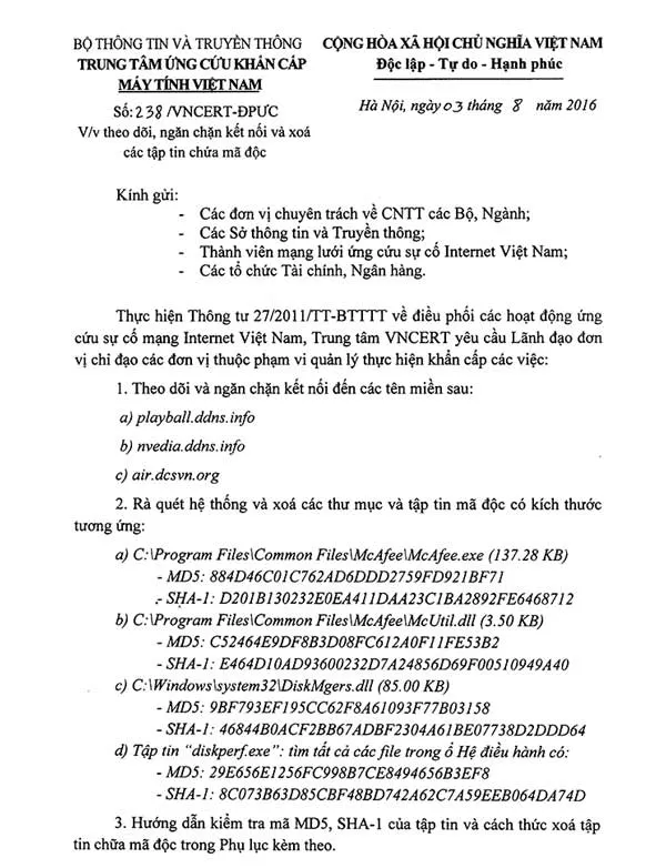 VNCERT cảnh báo khẩn cấp ngăn chặn, xóa các tập tin chứa mã độc