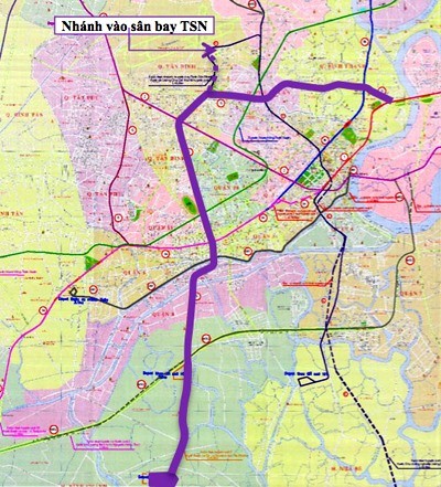 A new metro line will connect with metro line No 5 (in purple) to reduce traffic jams in the area around the Tân Sơn Nhất International Airport. — Map from the Urban Railway Management Board of HCM City