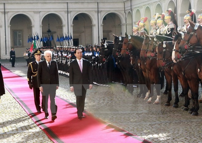 President Tran Dai Quang and his Italian counterpart Sergio Mattarella inspect the guard of honour (Source: VNA)