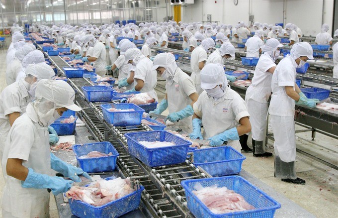 A seafood processing line at An Giang Fisheries Import-Export Company in the southern province of An Giang. (Photo: VNA/VNS)