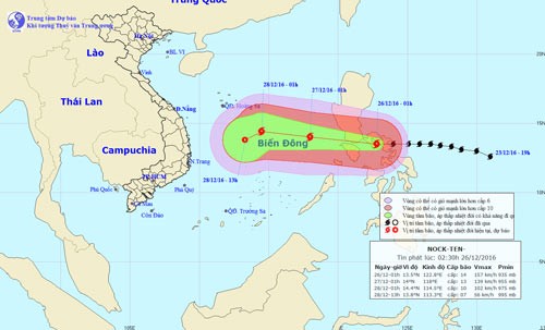 Position of 'Nock- ten' storm (Source from the Central Hydrology Meteorology Forecast Center of Vietnam)