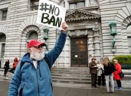 A lone protester makes his feelings known on President Trump’s temporary travel ban on Tuesday outside a federal courthouse in San Francisco that is home to the US Court of Appeals for the 9th Circuit. — Photo usatoday.com