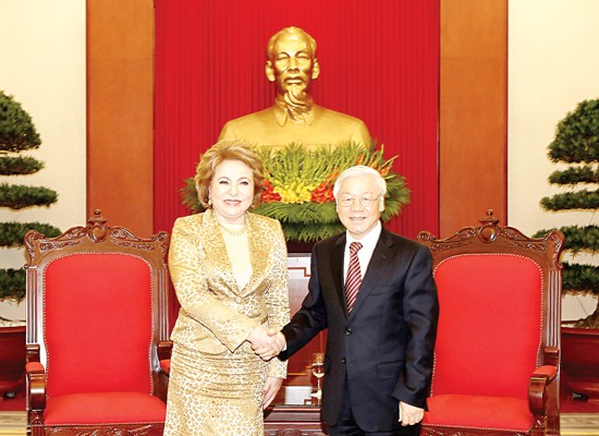 General Secretary of the Communist Party of Vietnam Nguyen Phu Trong and Russian Federation Council and National Assembly Chairwoman Valentina Ivanovna Matviyenko