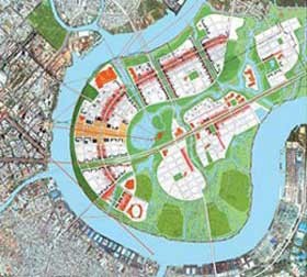 A map of Thu Thiem New Urban Area, which is surrounded by the Saigon River (light blue in picture)