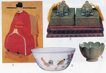 1- Chân dung Vua Tống Nhân Tông (thời Bao Công). 2- Hai chiếc ấn bằng ngọc của Vua Càn Long. 3 – Cái chén hoàng cung thời Trịnh Hòa, được bán đấu giá 12 triệu USD. 4- Trên thế giới chỉ còn 30 món đồ gốm màu lục nhạt, thời Tống (960-1279). Đây là một món trong số đó.