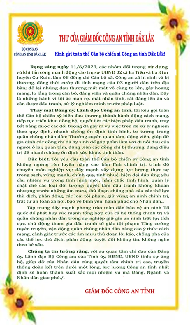 Giám đốc Công an tỉnh Đắk Lắk gửi thư đến cán bộ, chiến sĩ công an