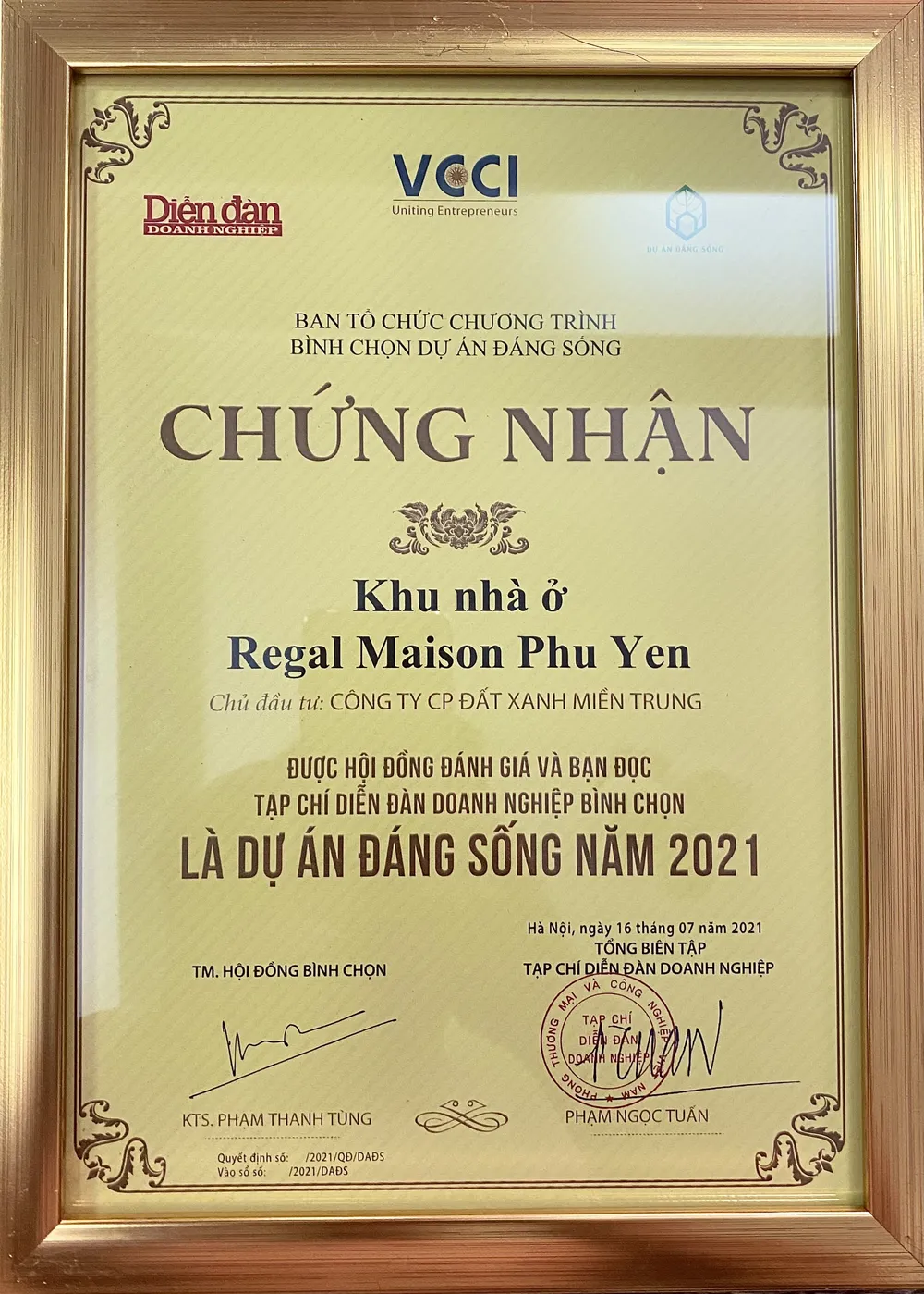 “Dự án đáng sống 2021” ghi danh Regal Maison Phu Yen của Đất Xanh Miền Trung trên bảng vàng ảnh 2