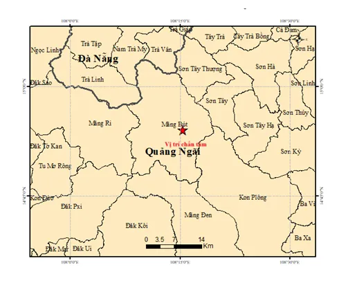 Bản đồ tâm chấn trận động đất mạnh 4.5 độ ở xã Măng Bút, tỉnh Quảng Ngãi. Ảnh: Trung tâm Báo tin động đất và Cảnh báo sóng thần - Viện Các Khoa học Trái đất