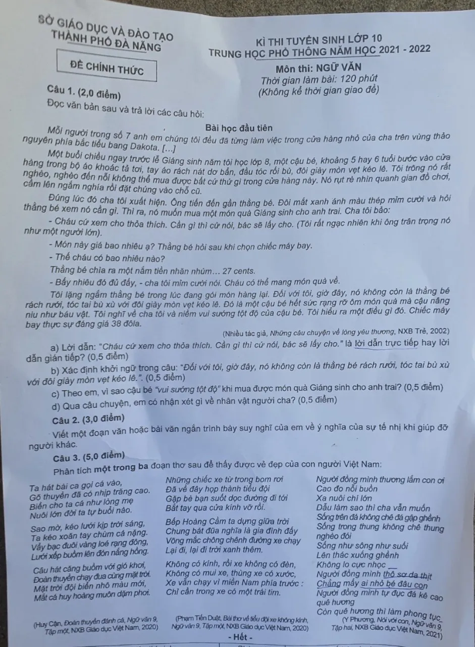 “Sự tế nhị khi giúp đỡ người khác” vào đề thi môn Văn lớp 10 Đà Nẵng ảnh 3