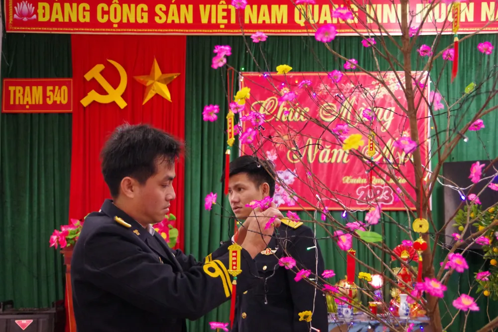 Các chiến sĩ Trạm rada 540, Trung đoàn 351 trang trí cây mai tại phòng tiếp khách
