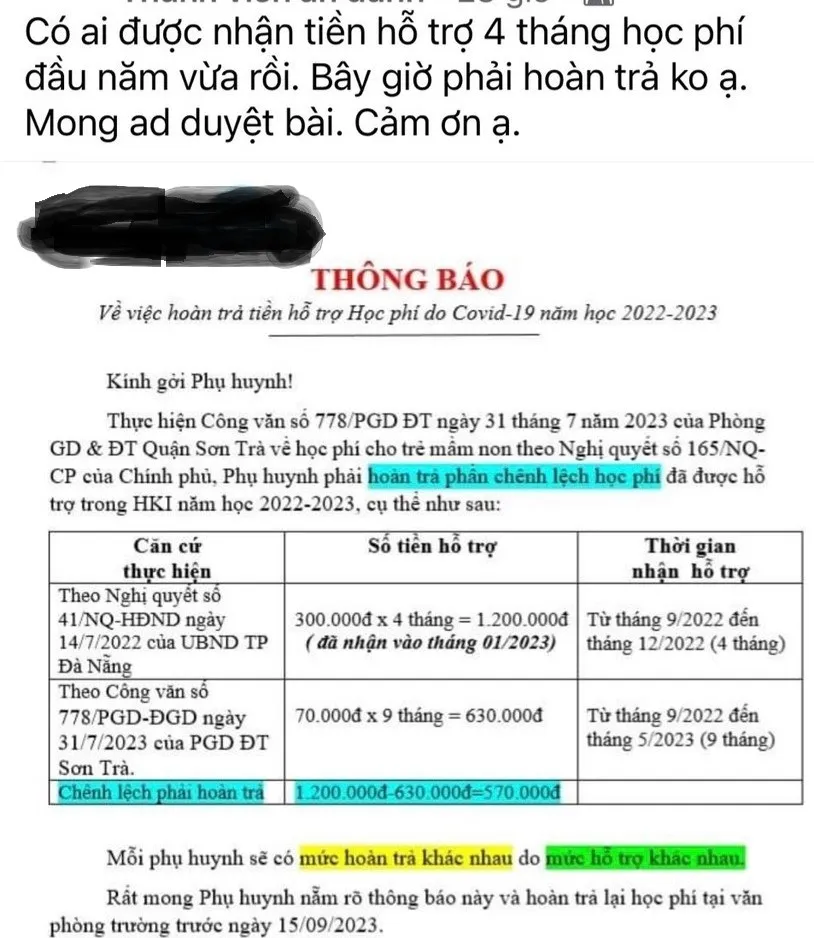 Nhiều phụ huynh thắc mắc về chủ trương thu hồi khoản tiền chênh lệch hỗ trợ học phí