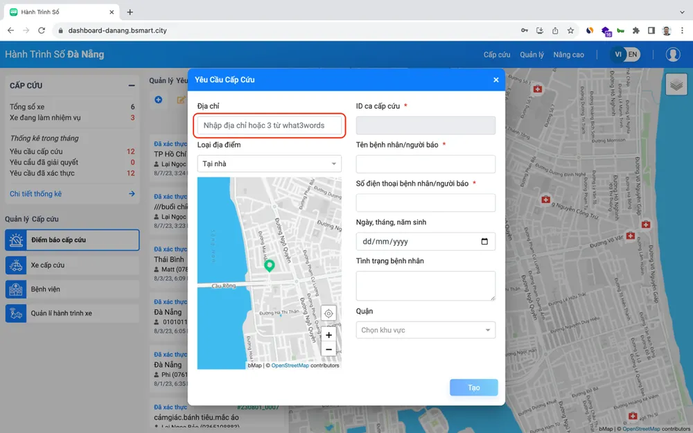 Định vị chính xác trên nền tảng Hành trình số của TP Đà Nẵng (giao diện của Trung tâm cấp cứu 115)