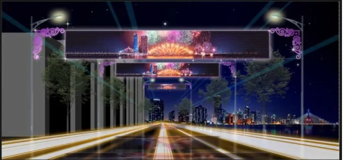 Hình ảnh dải băng ngang dọc theo tuyến đường Bạch Đằng thơ mộng bên bờ sông Hàn lung linh kỳ ảo được nhóm thiết kế lấy cảm hứng từ những chùm pháo hoa rực rỡ trong Lễ hội pháo hoa quốc tế Đà Nẵng