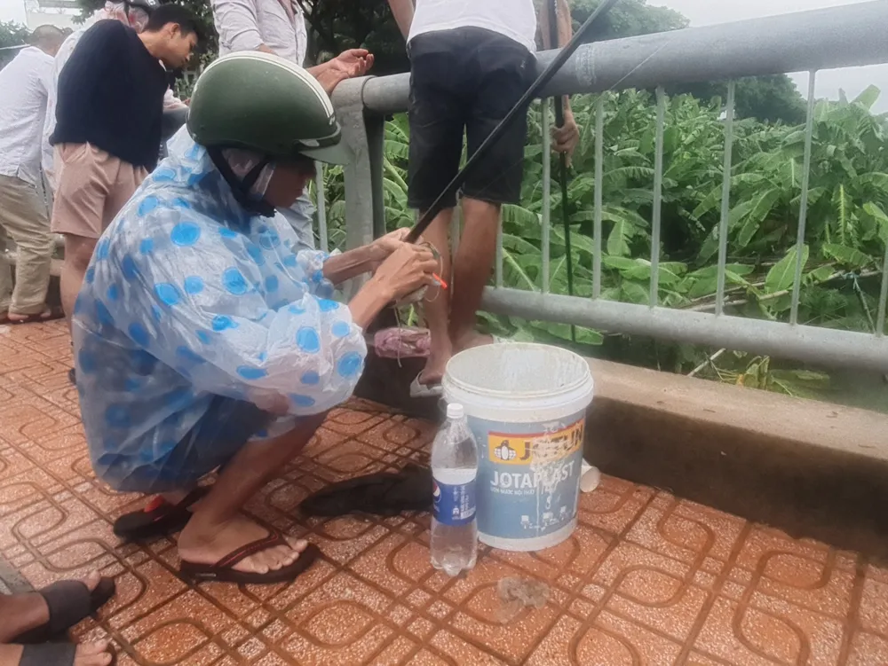 Do Đà Nẵng mưa từng đợt nên người dân vừa mặc áo mưa vừa câu cá. Ảnh: XUÂN QUỲNH