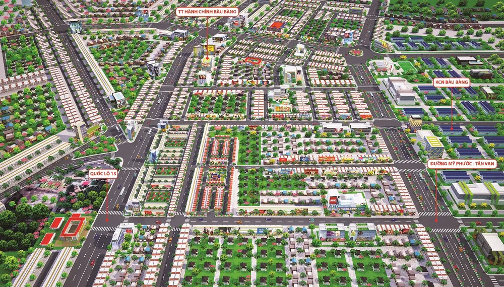 Phối cảnh dự án Golden Future City nằm ngay trung tâm đô thị - công nghiệp Bàu Bàng và hệ thống giao thông xung quanh