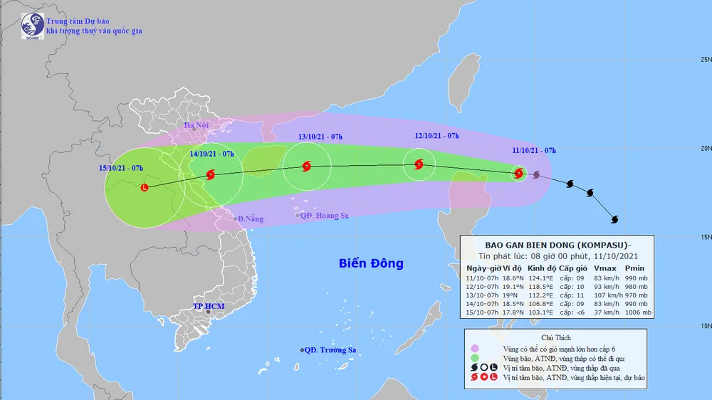 Đường đi của bão Kompasu trên Biển Đông. Ảnh: TTDBKTTVQG