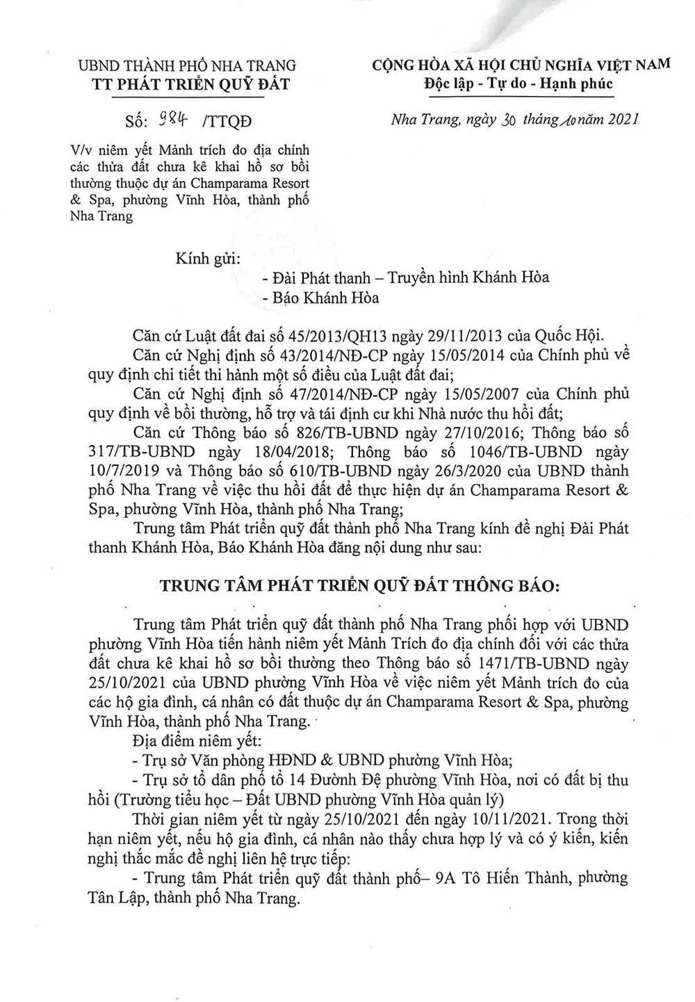 Trung tâm Phát triển quỹ đất thành phố Nha Trang thông báo tiến hành niêm yết Mảnh trích đo địa chính các thửa đất thuộc dự án Champarama Resort & Spa ảnh 1