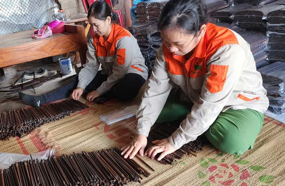 Người dân thôn Trung Thủy, xã Quảng Thủy, thị xã Ba Đồn, tỉnh Quảng Bình làm đũa mỹ nghệ tại cơ sở của anh Lê Thanh Triển