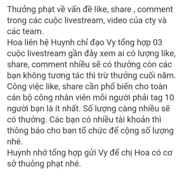 Thông tin chỉ đạo của lãnh đạo Công ty Trúc Anh về like, share, comment