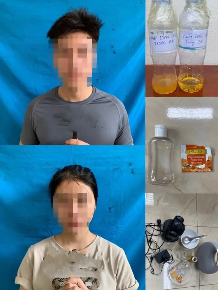 Lê Đức Anh, Hồ Khánh Ly và tang vật. Ảnh: Công an Thanh Hóa cung cấp