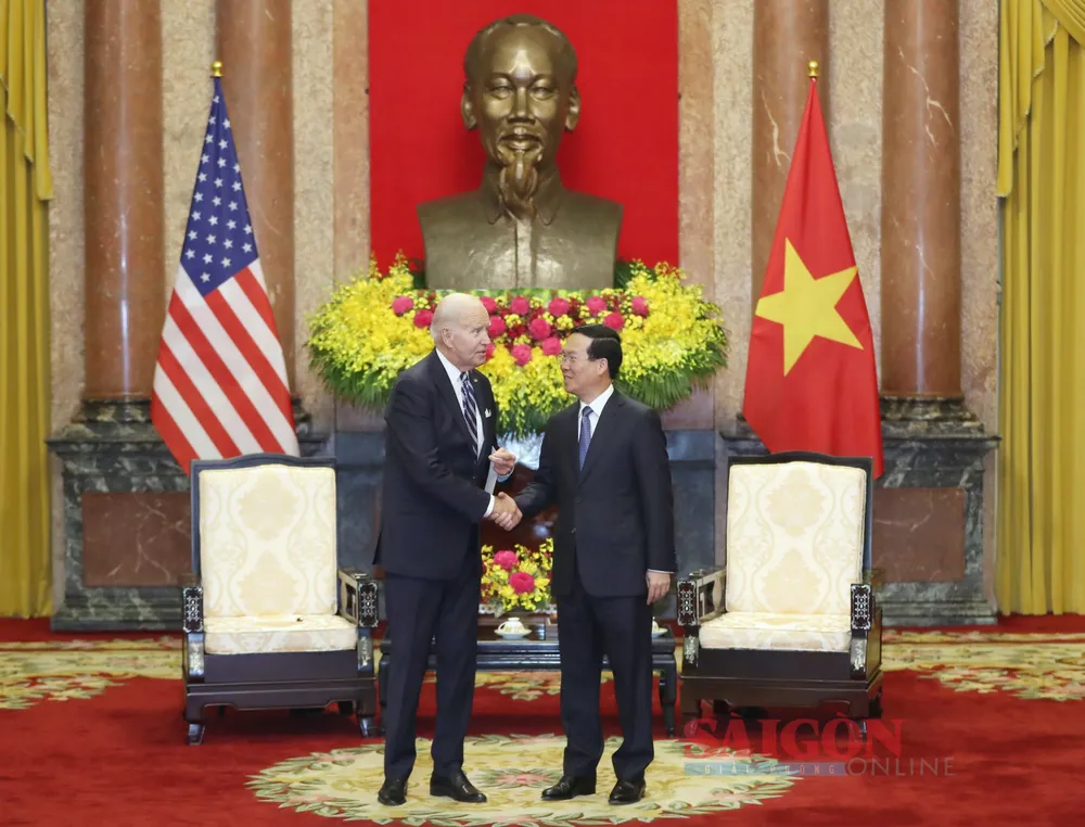 Chủ tịch nước Võ Văn Thưởng và Tổng thống Joe Biden tại Phủ Chủ tịch, trưa 11-9. Ảnh: QUANG PHÚC