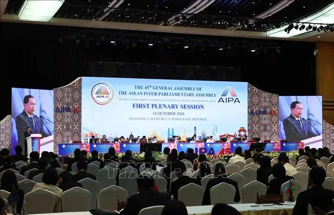 Chủ tịch Quốc hội Trần Thanh Mẫn phát biểu tại Phiên toàn thể thứ nhất Đại hội đồng AIPA-45. Ảnh: TTXVN