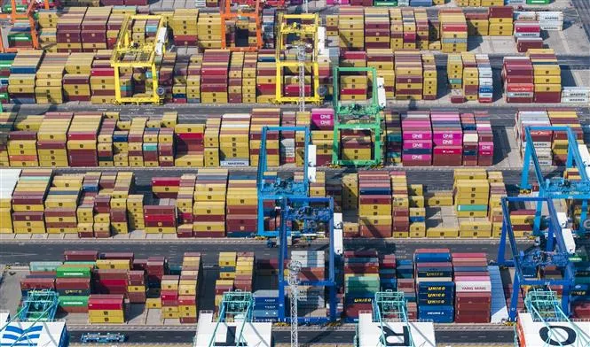 Container hàng hoá tại cảng Thiên Tân, Trung Quốc ngày 8-4-2025. Ảnh: TTXVN