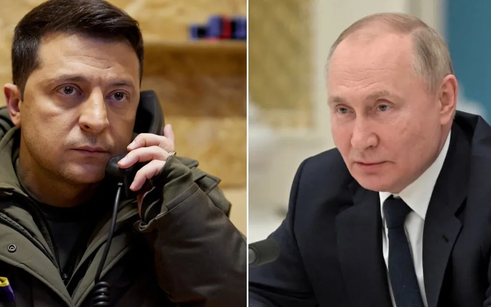 Tổng thống Ukraine Volodymyr Zelensky và Tổng thống Nga Vladimir Putin. Ảnh: sundayvision.co.ug/TTXVN