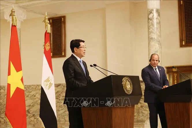 Chủ tịch nước Lương Cường thông tin về kết quả hội đàm với Tổng thống Ai Cập Abdel Fattah El-Sisi. Ảnh: TTXVN