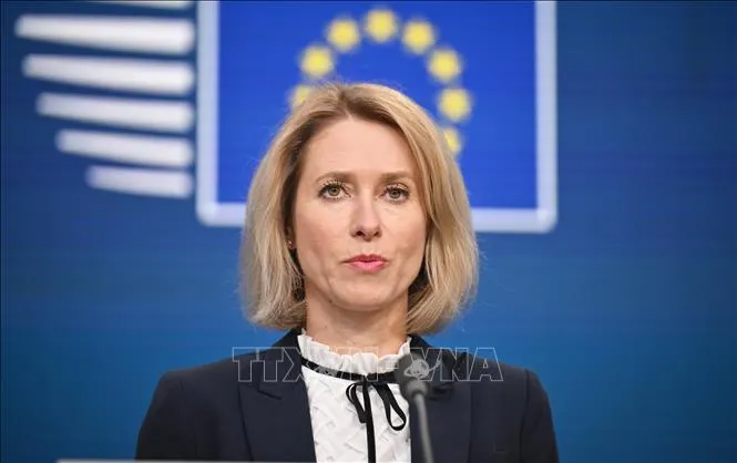 Đại diện cấp cao của EU về chính sách an ninh và đối ngoại Kaja Kallas phát biểu trong một cuộc họp báo tại Brussels, Bỉ. Ảnh: AA/TTXVN